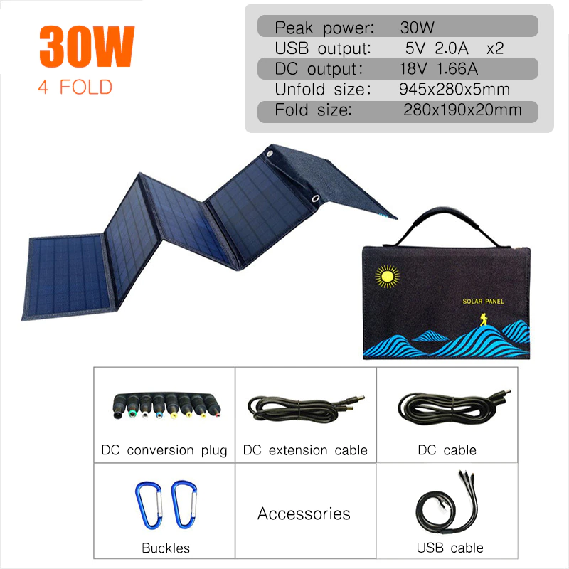 Panel Solar portátil plegable de 30W,5V(6A), 18V(2A)