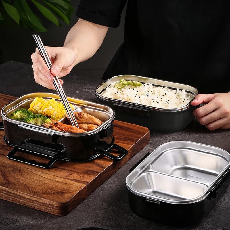 Fiambrera Bento Box de acero inoxidable UNISEX, caja de almuerzo portátil estilo japonés para trabajo de oficina, vajilla para horno microondas - Imagen 6